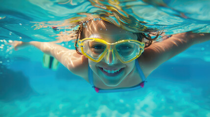 Naklejka premium Young swimmer enjoys diving underwater with goggles in a bright blue pool during a sunny day