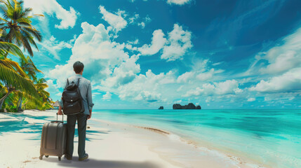 Fototapeta premium Man standing on a tropical beach with luggage looking at the turquoise sea and clouds during daytime