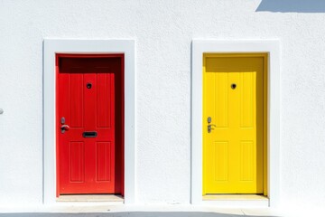 Two colorful doors against a white wall.