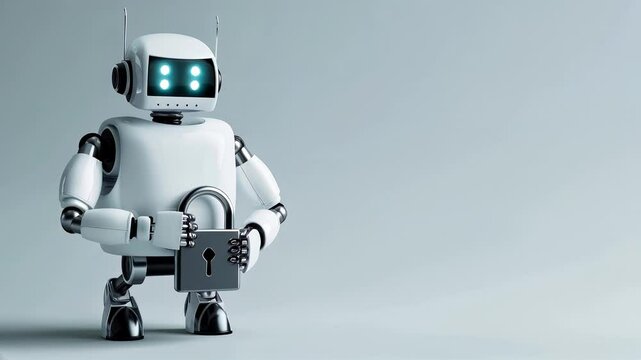White robot with glowing eyes holds a padlock, concept of cybersecurity and data protection, privacy on Internet. Seamless loop, grey background with copy space.