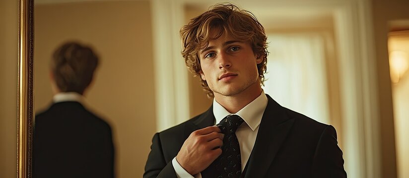 Handsome young man in suit adjusts tie, reflected in mirror.