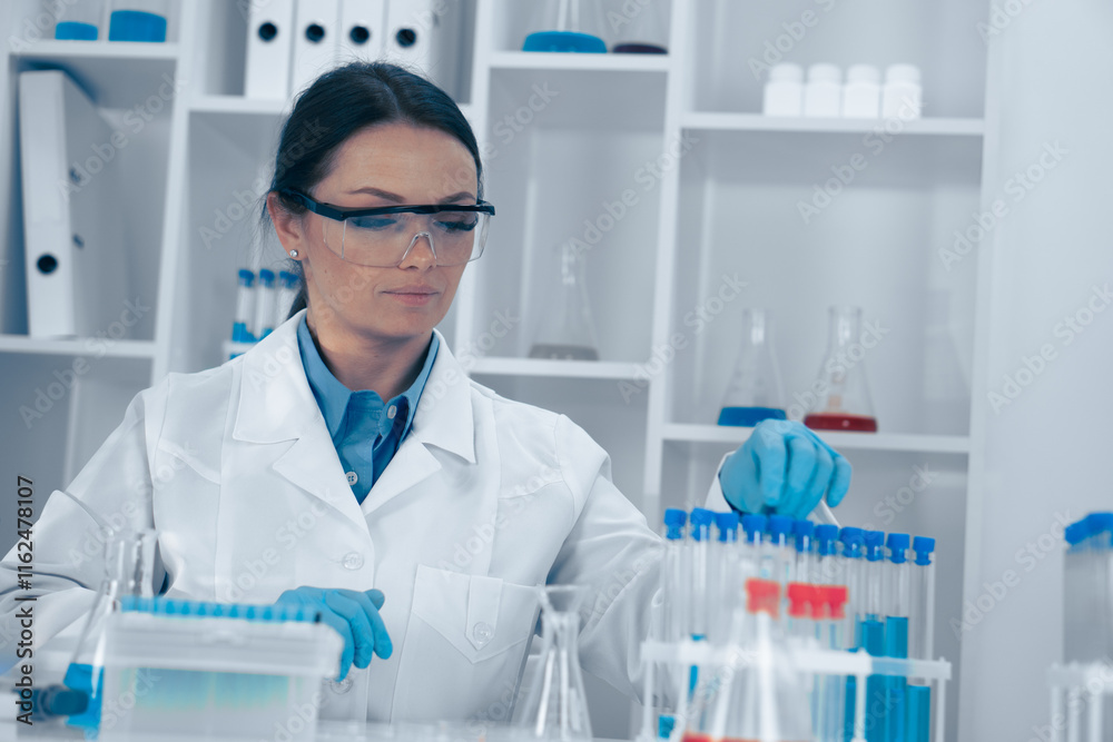 Poster A dedicated scientist performs complex experiments in a modern lab, highlighting the importance of scientific exploration and the awe of discovery that motivates their research efforts