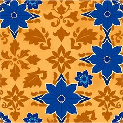 Fototapeta premium Floral Damask Pattern in Blue and Orange: A seamless pattern featuring intricate, stylized blue flowers with orange floral motifs on a warm, yellow background.