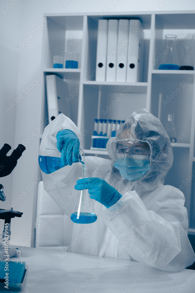 Poster A dedicated scientist is meticulously conducting a complex experiment in a stateoftheart modern laboratory, equipped with advanced technology and essential tools for groundbreaking research