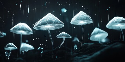 A sleek digital design of mushrooms in geometric forms, using metallic textures and soft glowing effects on a dark background