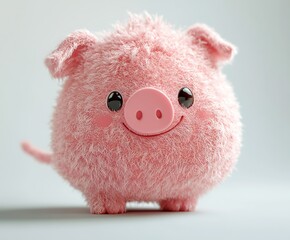 Cute fluffy pink piglet toy, cartoon style, front view.