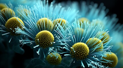 Close-up of vibrant teal and yellow flowers with intricate details, digitally enhanced.