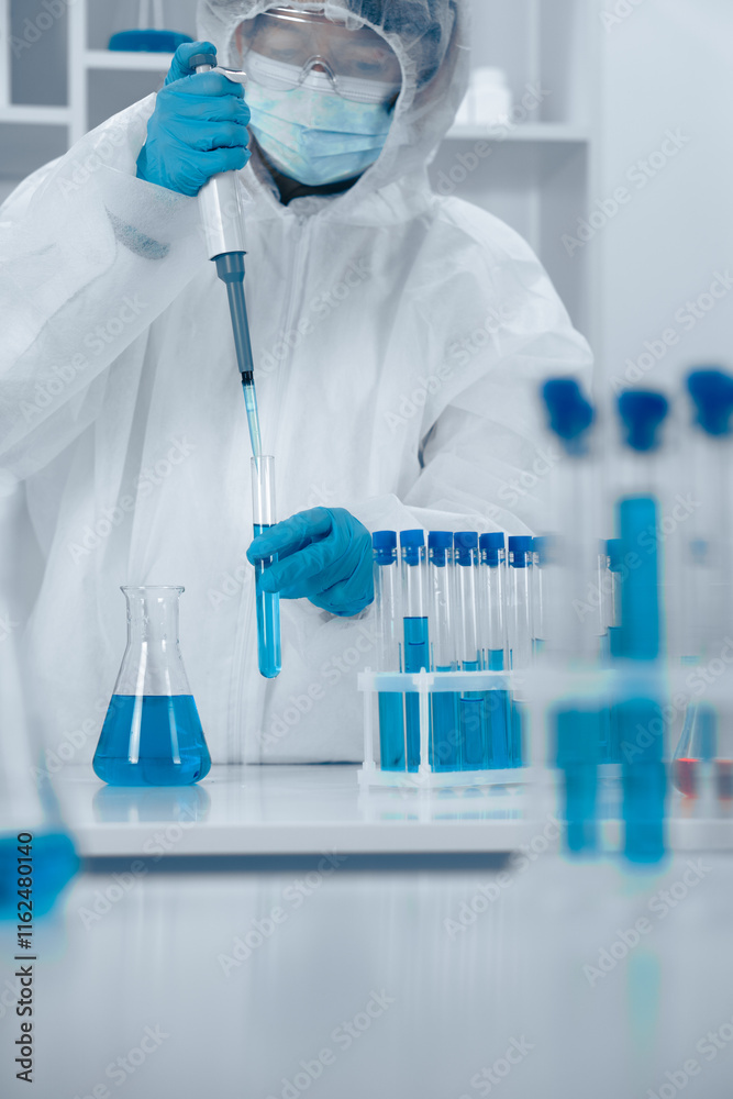 Poster laboratory research focus a professional scientist in protective gear, diligently conducts an experi
