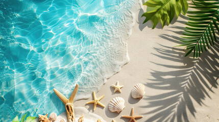 Obraz premium A tropical flat lay background with soft white sand, scattered seashells, starfish and tropical palm leaves