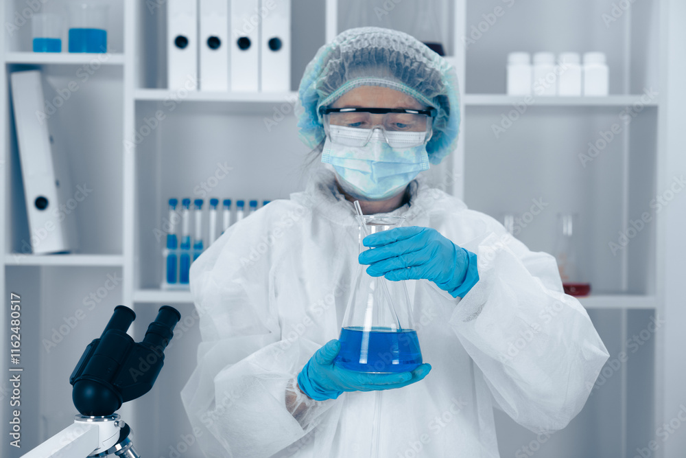 Poster an experienced scientist conducts controlled experiments with various chemical solutions to advance 