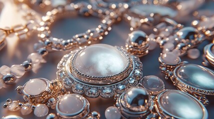 Close-up of elegant jewelry featuring gemstones and intricate designs.