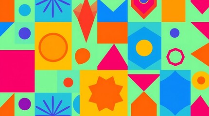 Fototapeta premium Vibrant Geometric Pattern: A playful explosion of color and shape. This cheerful, modern design features a mix of geometric elements in a bright, joyful palette. Perfect for backgrounds, branding.
