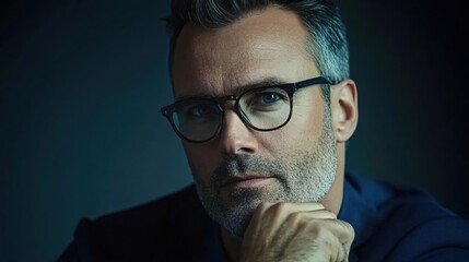 Fototapeta premium Thoughtful man with glasses in dimly lit setting showing confidence and introspection