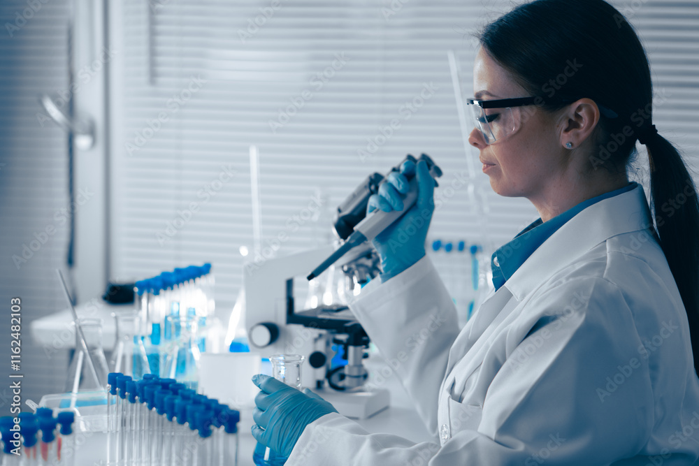 Poster A Research Scientist is meticulously analyzing various samples in a cuttingedge, hightech laboratory equipped with the latest technology to advance scientific knowledge and innovations