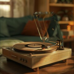 Closeup of a vintage record player turntable inside a cozy room. Generative AI