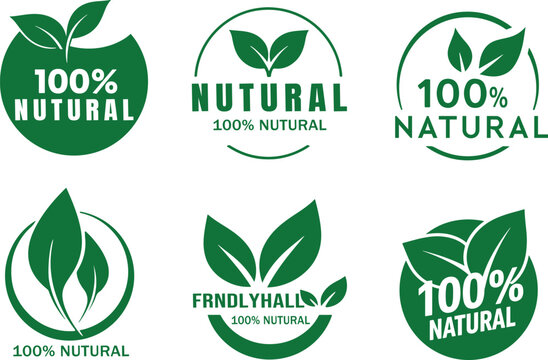 Set 100% Natural and organic Product Vector Icon Circle Sign. Healthy Food Emblem. Organic food Badge.