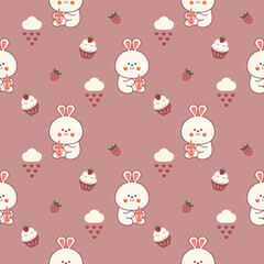 Rabbit drink bubble milk tea cartoon so cute. On cupcake strawberry heart cloud pink background. Pattern seamless vector illustration. 