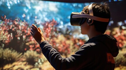 Young Boy Experiencing Virtual Reality Underwater Scene
