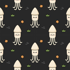 Squid cartoon so cute. On starfish seaweed background. Pattern seamless vector illustration. 