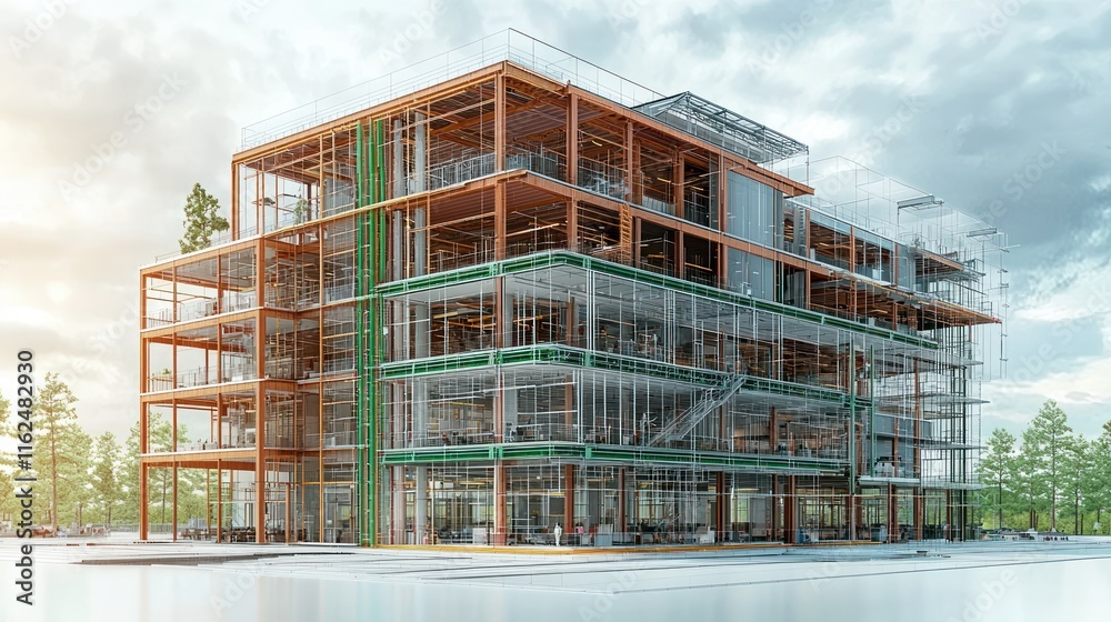 Poster Modern architectural building design with scaffolding.
