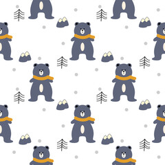 Gray bear scarf cartoon so cute. On tree mountain Snow White background. Pattern seamless vector illustration. 

