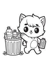 Coloring book cats throw garbage in the right place