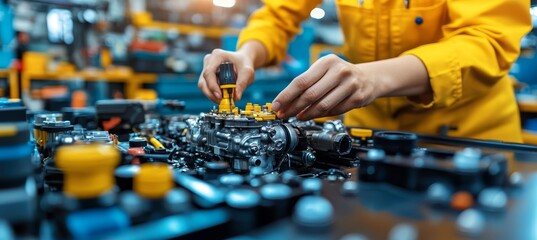 Skilled Mechanic Assembling a Car Engine Precision and Expertise in Automotive Repair.
