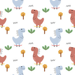 Dinosaur play skateboard cartoon so cute. On tree grass white background. Pattern seamless vector illustration. 