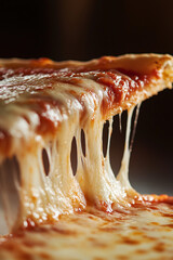 Delicious Italian pizza slice with stretchy mozzarella cheese close up. Restaurant and gastronomy concept background.