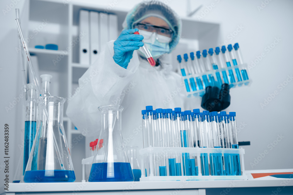 Poster A dedicated scientist is currently working in a laboratory, meticulously analyzing blue liquid samples that are placed in various test tubes as part of an important research study
