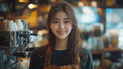 A friendly Asian barista stands behind the counter of a vibrant coffee shop, engaging with customers while preparing drinks. The warm atmosphere invites conversation and relaxation.