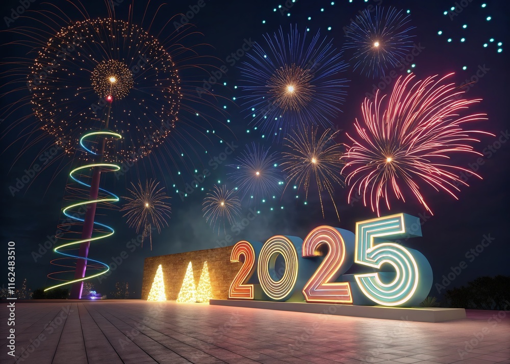 Fototapete happy new year with numbers 2025 with sparkling confetti particles scattered around and firework, ci