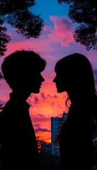 Silhouette of a Loving Couple, Sharing a Romantic Moment Against a Vibrant Sunset Sky.
