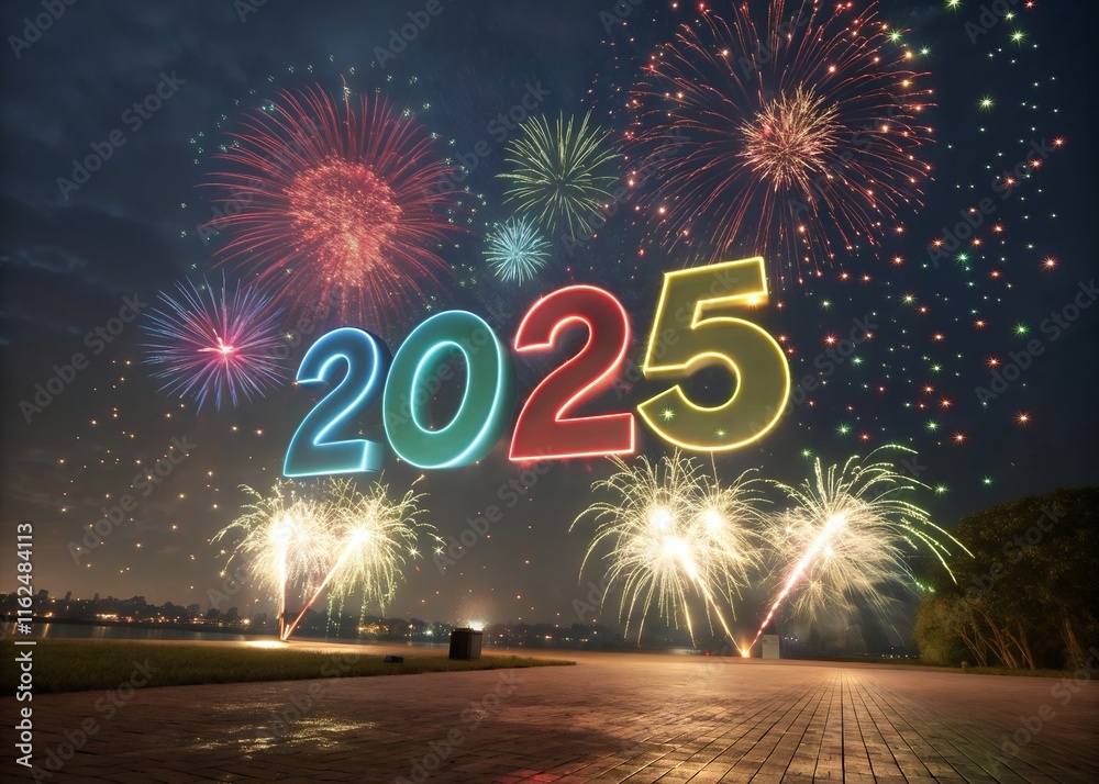 Fototapete happy new year with numbers 2025 with sparkling confetti particles scattered around and firework, ci