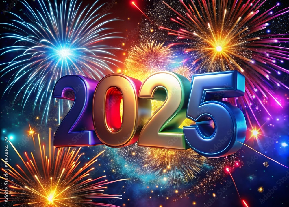 Fototapete happy new year with numbers 2025 with sparkling confetti particles scattered around and firework, ci