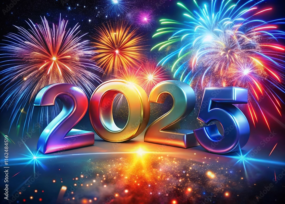 Fototapete happy new year with numbers 2025 with sparkling confetti particles scattered around and firework, ci