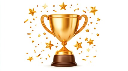 3d golden trophy cup and stars, confetti around in cartoon style. concept of victories or reward for achieving goals. realistic illustration isolated on white background. 3d rendering