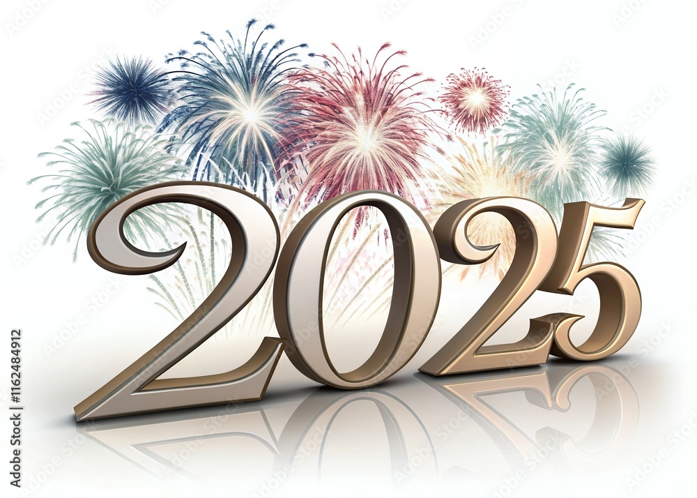 Fototapete happy new year with numbers 2025 with sparkling confetti particles scattered around and firework, ci