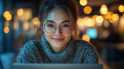 A young Asian woman with glasses smiles while working on her laptop in a cozy cafe, surrounded by warm lights. The evening atmosphere enhances her focused expression and relaxed demeanor.