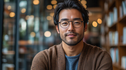 A young Asian man wearing glasses is smiling warmly while sitting in a cozy cafe. The space is filled with natural light, shelves of books, and a welcoming atmosphere.