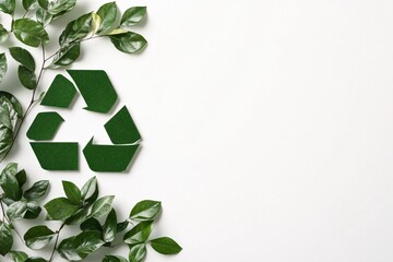 Green Recycling Symbol Surrounded by Fresh Green Leaves on White Background