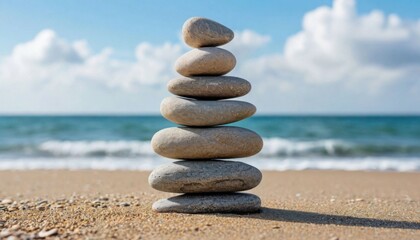 Fototapeta premium Stack of smooth stones balanced on a sandy beach with the ocean and a cloudy sky in the background