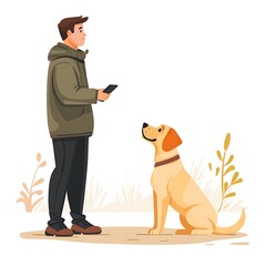 Man Using Smartphone While Spending Time with His Loyal Labrador Retriever Dog Outdoors.