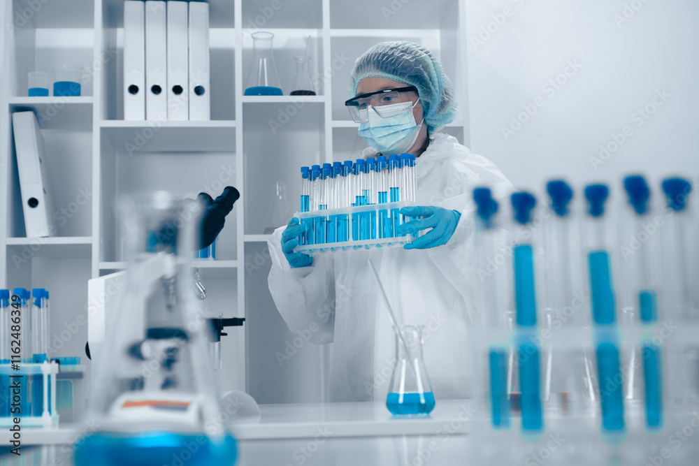 Poster In a modern lab, a dedicated scientist is conducting experiments and analyzing samples to understand bacteria and biotechnology, all while wearing gloves and following strict safety protocols