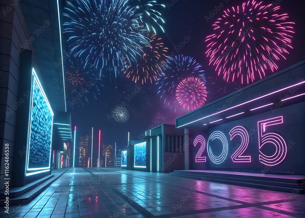 Fototapete happy new year with numbers 2025 with sparkling confetti particles scattered around and firework, ci