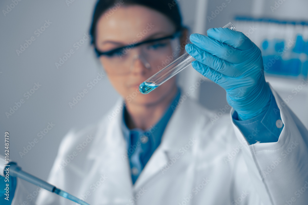 Aufkleber In a hightech lab, a skilled scientist analyzes a complex liquid sample using advanced tools from chemistry and biotechnology, ensuring precision and accuracy in their research results