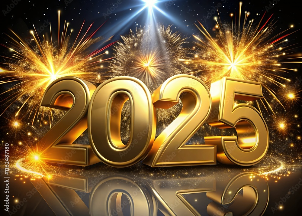 Fototapete happy new year with numbers 2025 with sparkling confetti particles scattered around and firework, ci