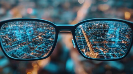 Glasses Reflecting A Citys Futuristic Network