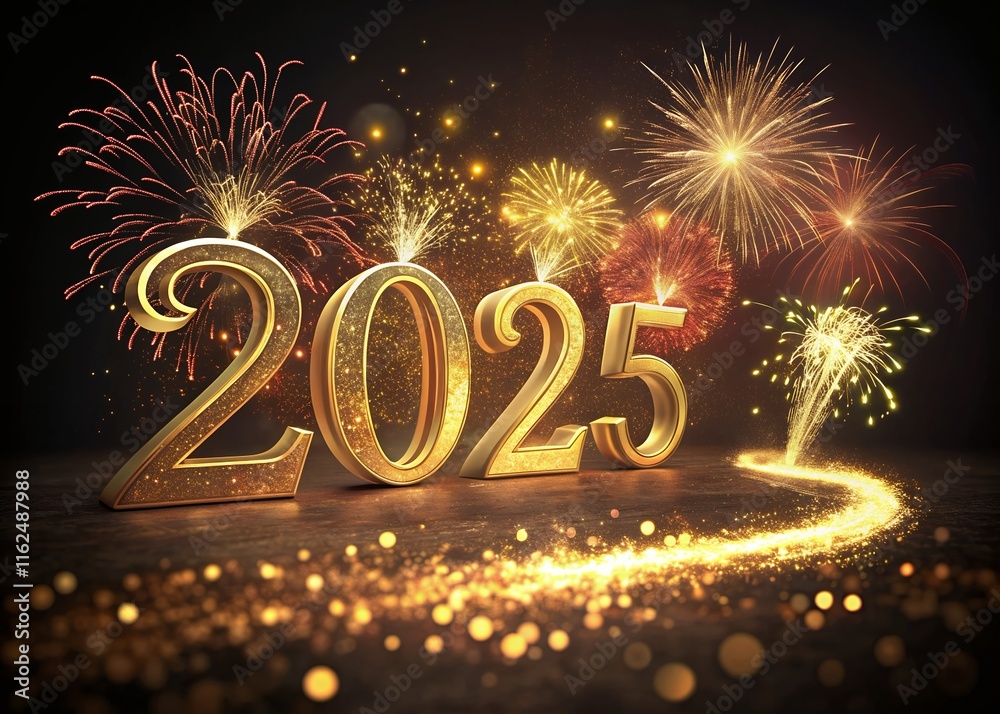 Fototapete happy new year with numbers 2025 with sparkling confetti particles scattered around and firework, ci