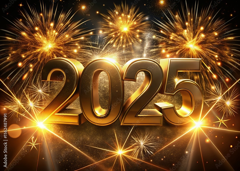 Fototapete happy new year with numbers 2025 with sparkling confetti particles scattered around and firework, ci